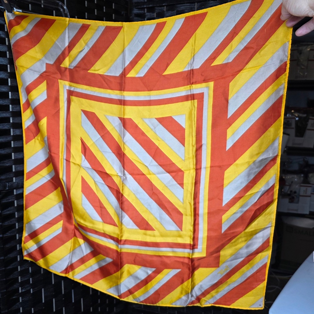 Tori Vintage Style Striped Square Scarf Orange Yellow White Geometric OS